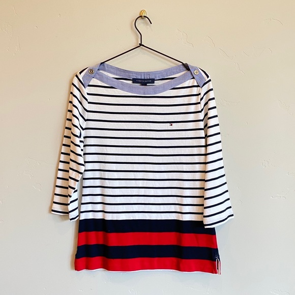 TOMMY HILFIGER Striped Chambray Boat Neck 3/4 Top - Picture 1 of 6